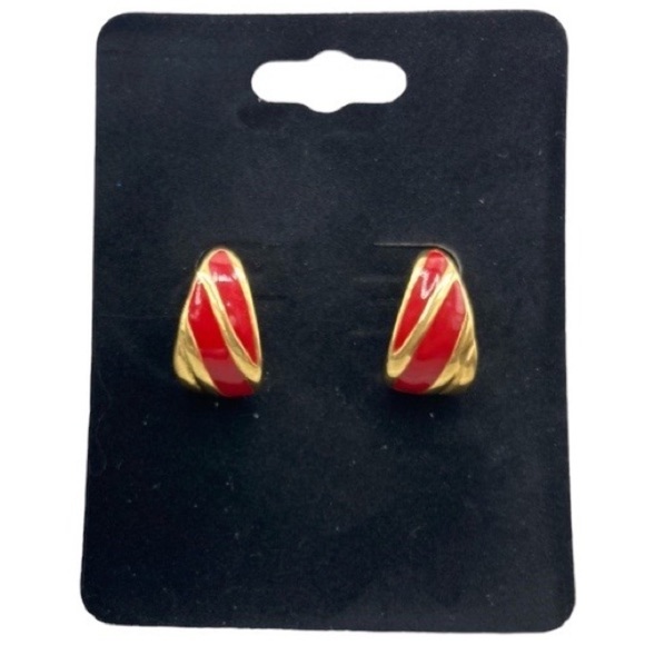 EUC MONET Vintage signed red enamel and gold tone‎ pierced earrings. - Picture 1 of 11